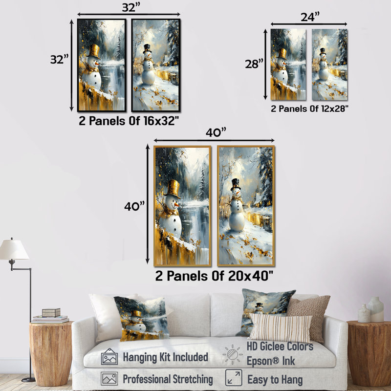 Bonhomme de neige de Noël dans des tons d'or et de blanc I - ensemble d'art mural de bonhomme de neige de Noël 2 pièces