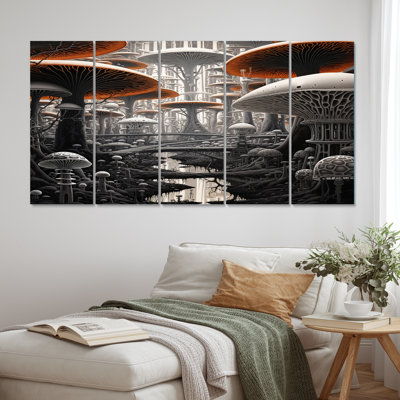 Autre univers des champignons mystérieux VI - Art mural mural champignon - 5 panneaux égaux