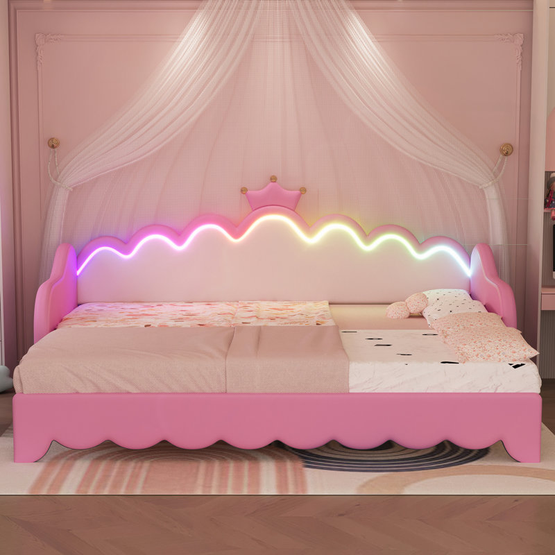 Lit de jour extensible avec lumières DEL, lit de jour rembourré princesse moderne avec tête de lit couronne, Rose