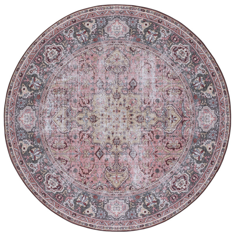 Tucson Vintage Look Machine Washable Non-Slip Area Rug in Red/Pink, Round 183 cm