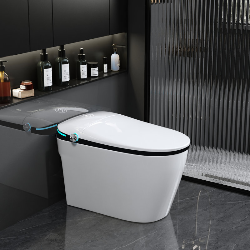 Toilette bidet intelligente - Siège à ouverture / fermeture automatique, affichage à DEL, eau chaude, sécheuse, divers modes de lavage avec fonction de capteur de pied, porcelaine blanche chauffée à l'eau, modes multiples, désodorisation