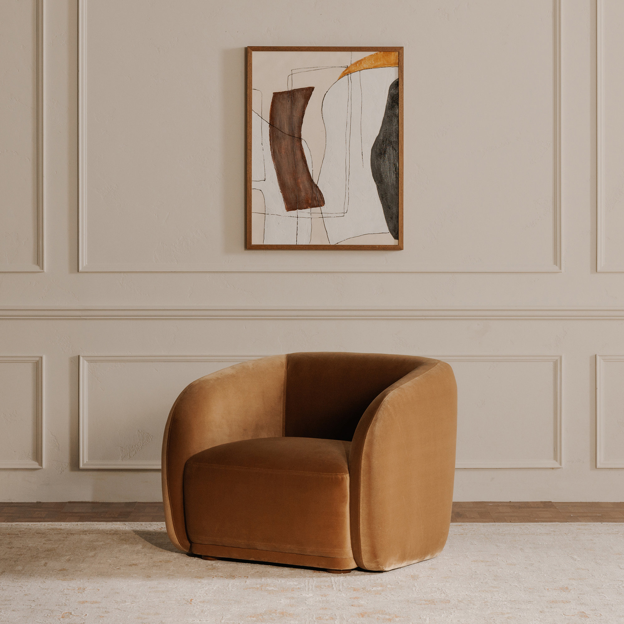 Penelope Upholstered Barrel Accent Chair, Tan Faux Mohair