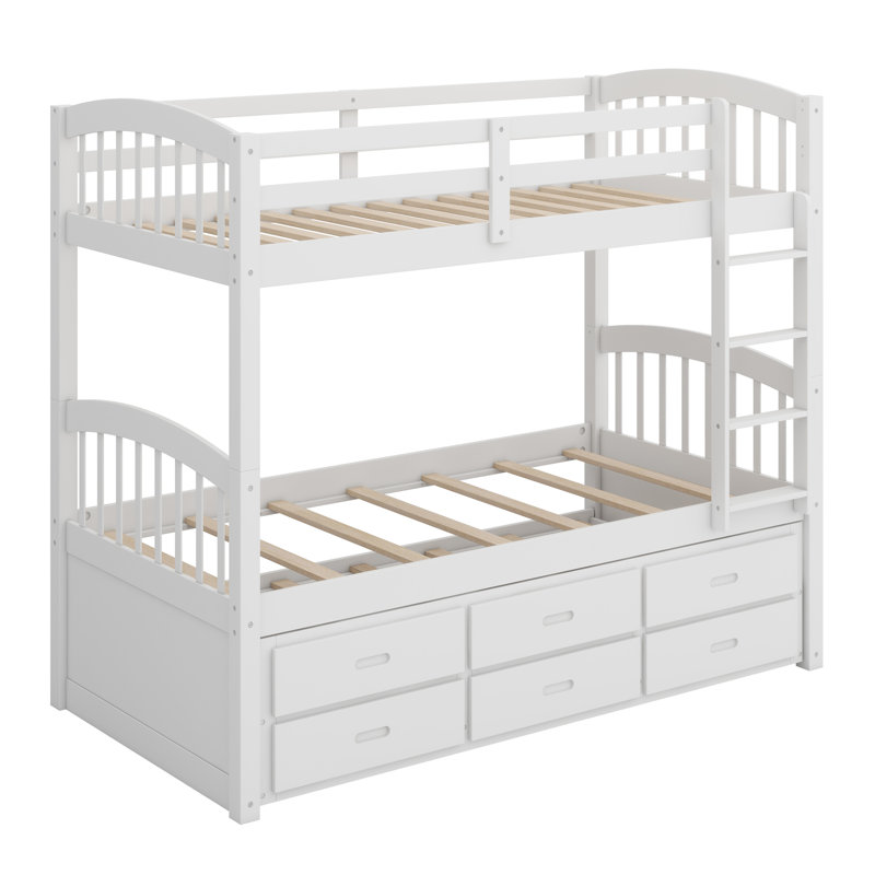 Wood Bunk Bed With Trundle And Drawers, White