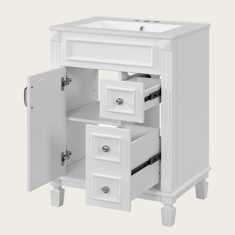 Meuble-lavabo moderne 24 po avec lavabo en céramique, 2 tiroirs, tablette réglable, Blanc, Argent argent