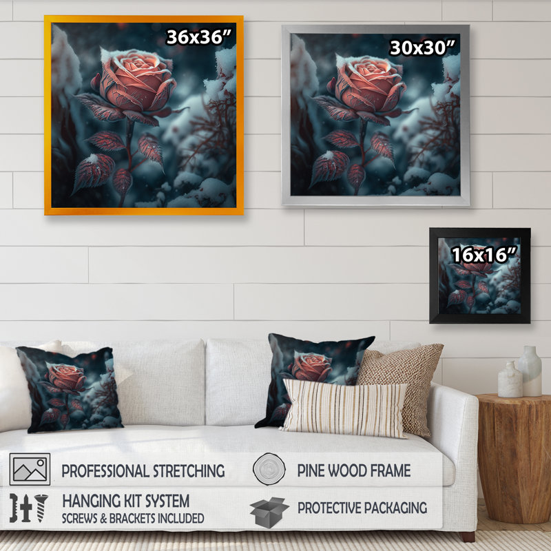«A Blooming Pink Roses Flower in Winter», impression sur toile, H 30 po x l 30 po x P 1 po