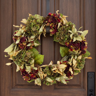 Couronne d'automne de 66 cm (26 po) avec hortensias et feuilles assorties