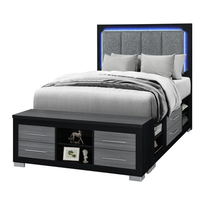 Lit double avec tiroirs de rangement, tête de lit à DEL, bibliothèque, partiellement tapissier sans sommier, lit contemporain noir et gris, inclus,