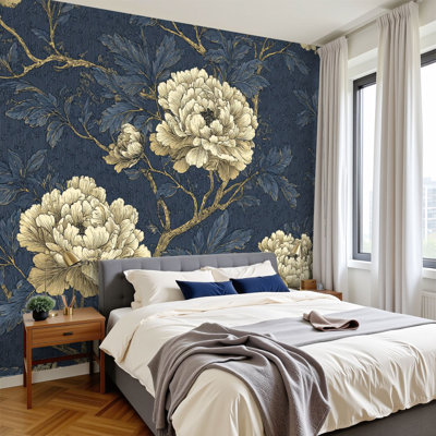 Papier peint adhésif floral floral blanc serein fleurs or bleu foncé toile botanique murale H 100 po x l 144 po, papier peint amovible en PVC, peintures murales auto-adhésives