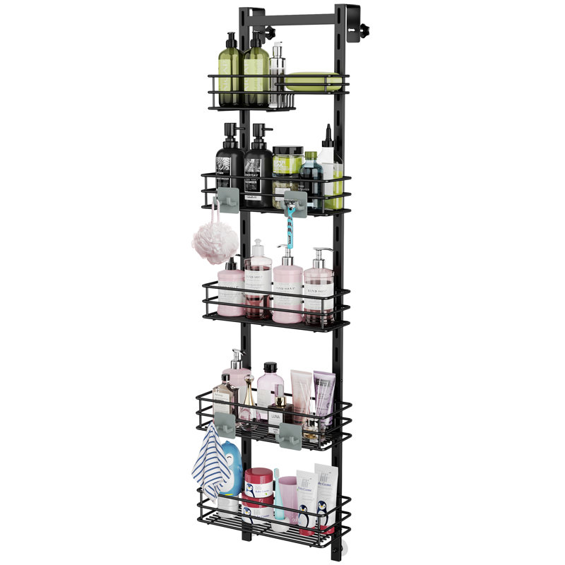 Over The Door Shower Caddy Pantry Organizer Rack With Reliable Hooks, Sturdy Hanging Shower Organizer Shelf Basket Storage Rack, Bathroom Shelves Drill Free, Black 5 Tier