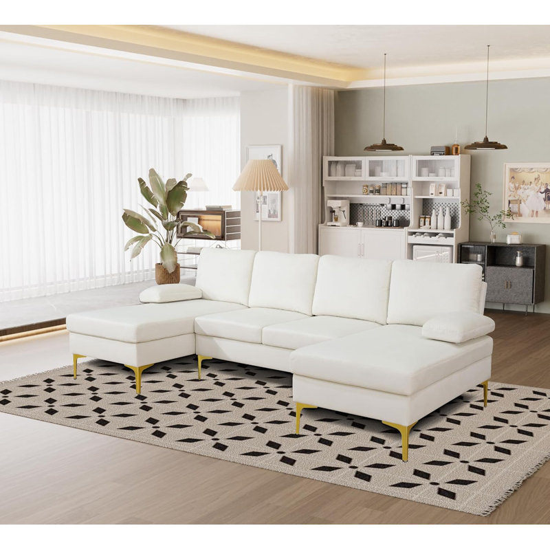 3-piece Fluffy Fabric U-shaped Sectional Sofa, Off White Fabric