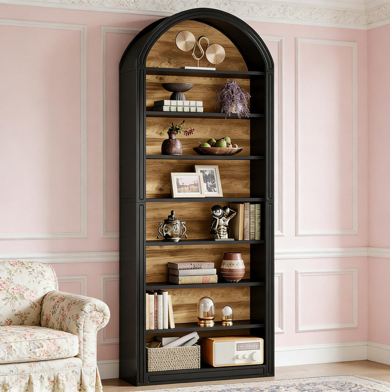 Spacious Display Shelving,Freestanding Bookshelf,Arched Bookcase, Matte Black