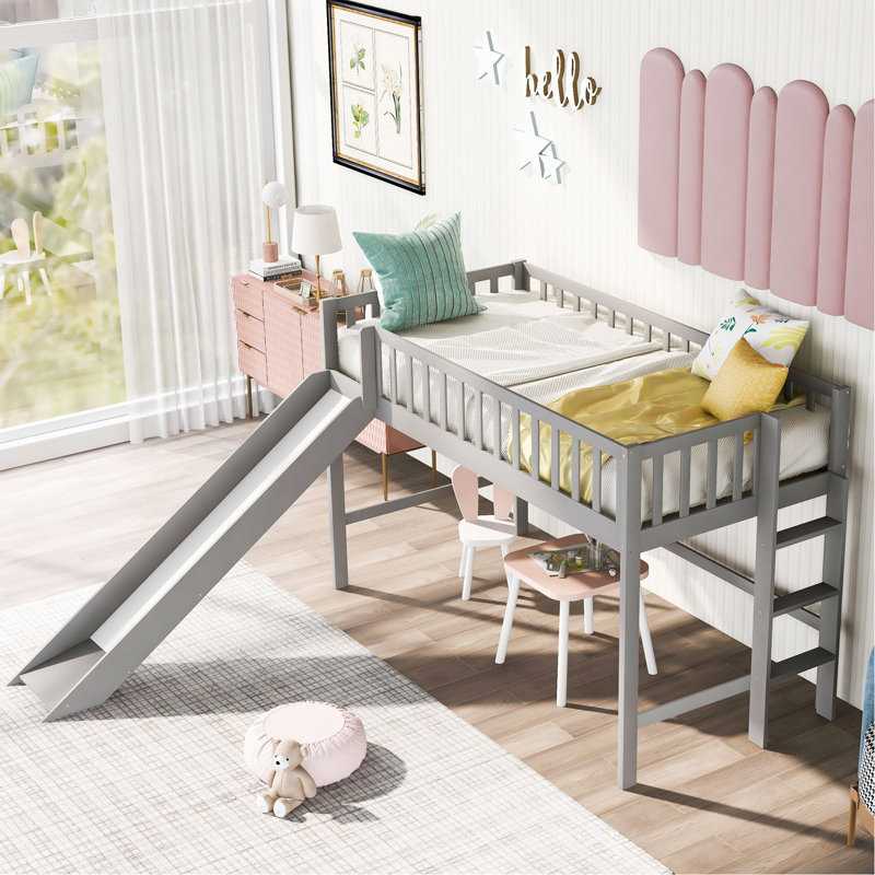 Lit mezzanine simple bas avec échelle et toboggan, gris
