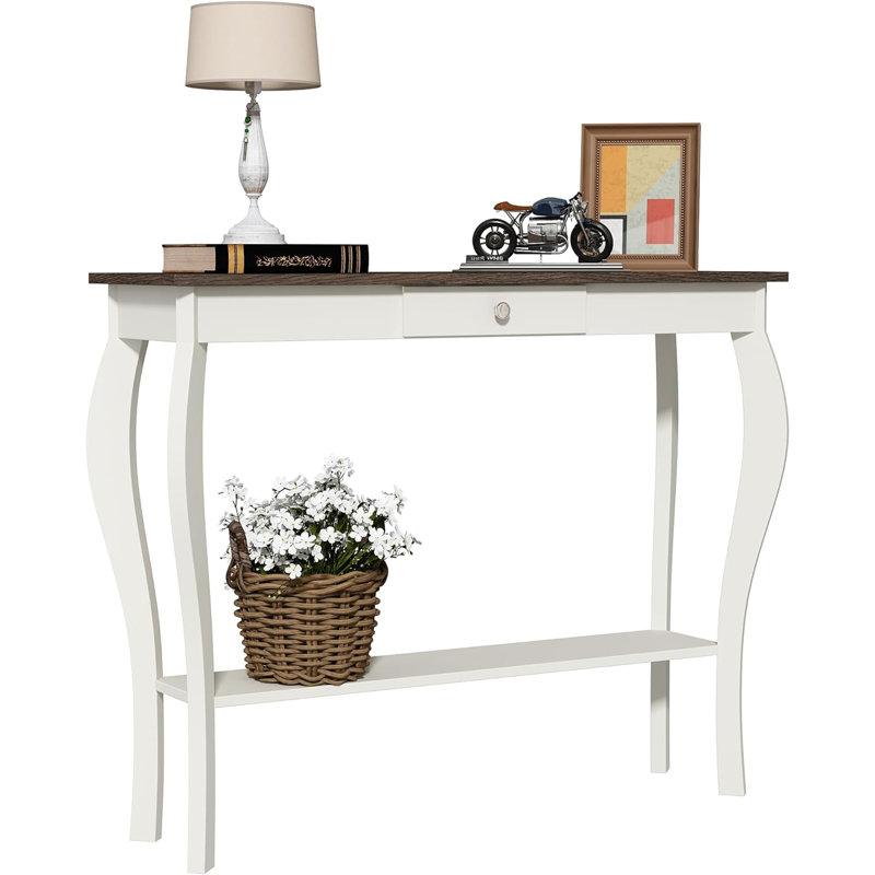 39.4" W Console Table with Storage Shelf and Distinctive Leg Design, with drawer, Brown/Antique White