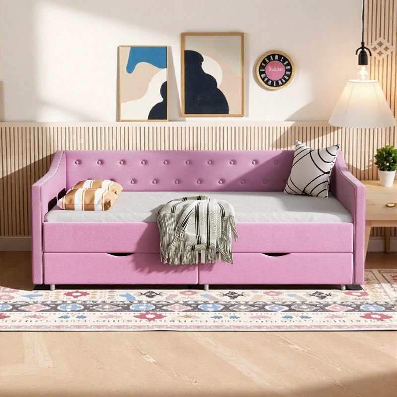 Twin Size Upholstered Daybed with Storage Drawers, Tufted Back Sofa Bed, Twin, Pink