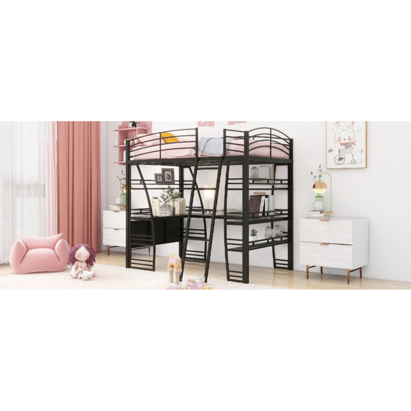 Élégant lit mezzanine en métal noir avec tablettes à 4 couches et bureau en forme de L
