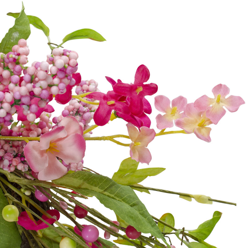 Pink and White Artificial Geranium Floral Wreath with Green Foliage - 18-Inch