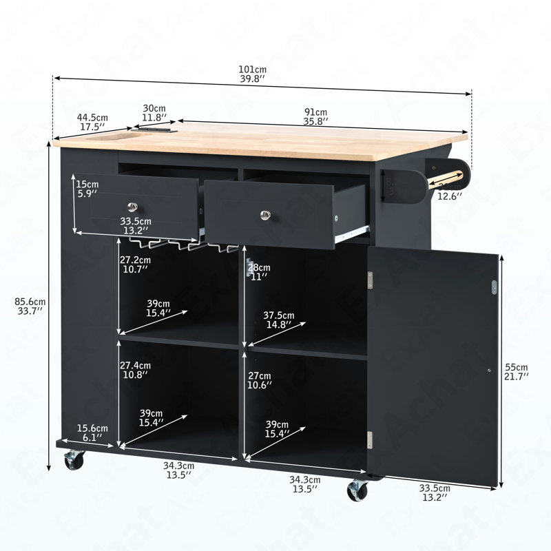 Kitchen Island With Power Outlet,Kitchen Storage Island With Drop Leaf And Rubber Wood,Open Storage And Wine Rack,5 Wheels,With Adjustable Storage For Home, Kitchen, And Dining Room, Black
