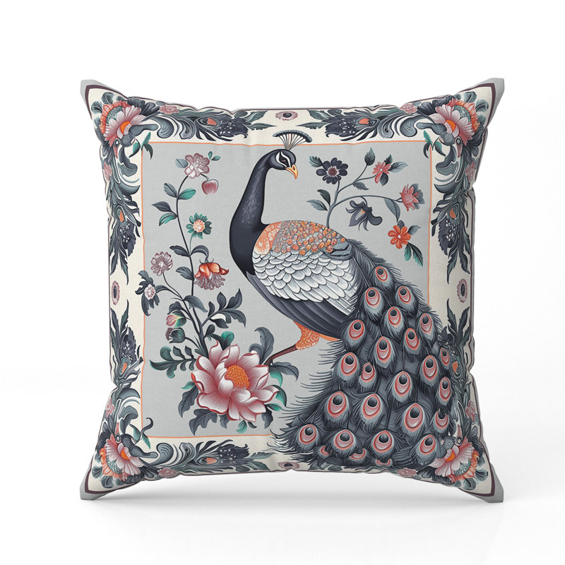 Peacock Blossom  Square Throw Pillow, 16"H x 16"W, Grey/Pink