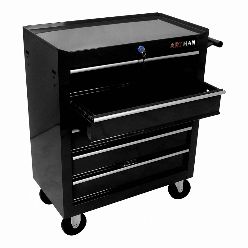 Coffre à outils à 5 tiroirs, armoire de rangement pour outils pour le garage avec 4 roues et système de verrouillage, Noir