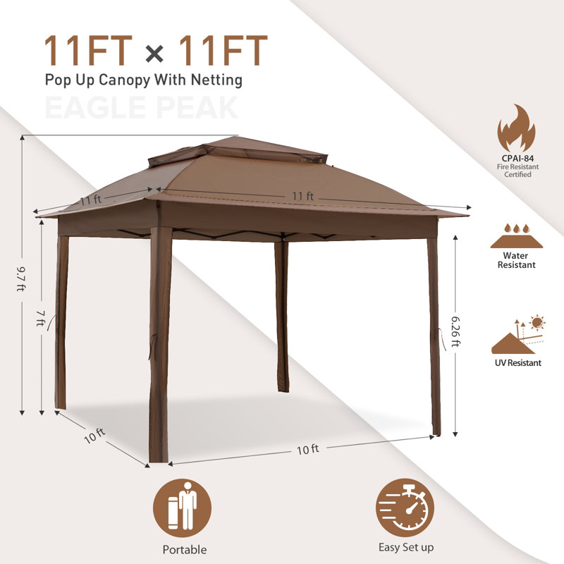 Auvent de patio escamotable 11 pi x 11 pi avec abri d'extérieur instantané avec protection contre les rayons UV, toit résistant à l'eau et sac de transport roulant