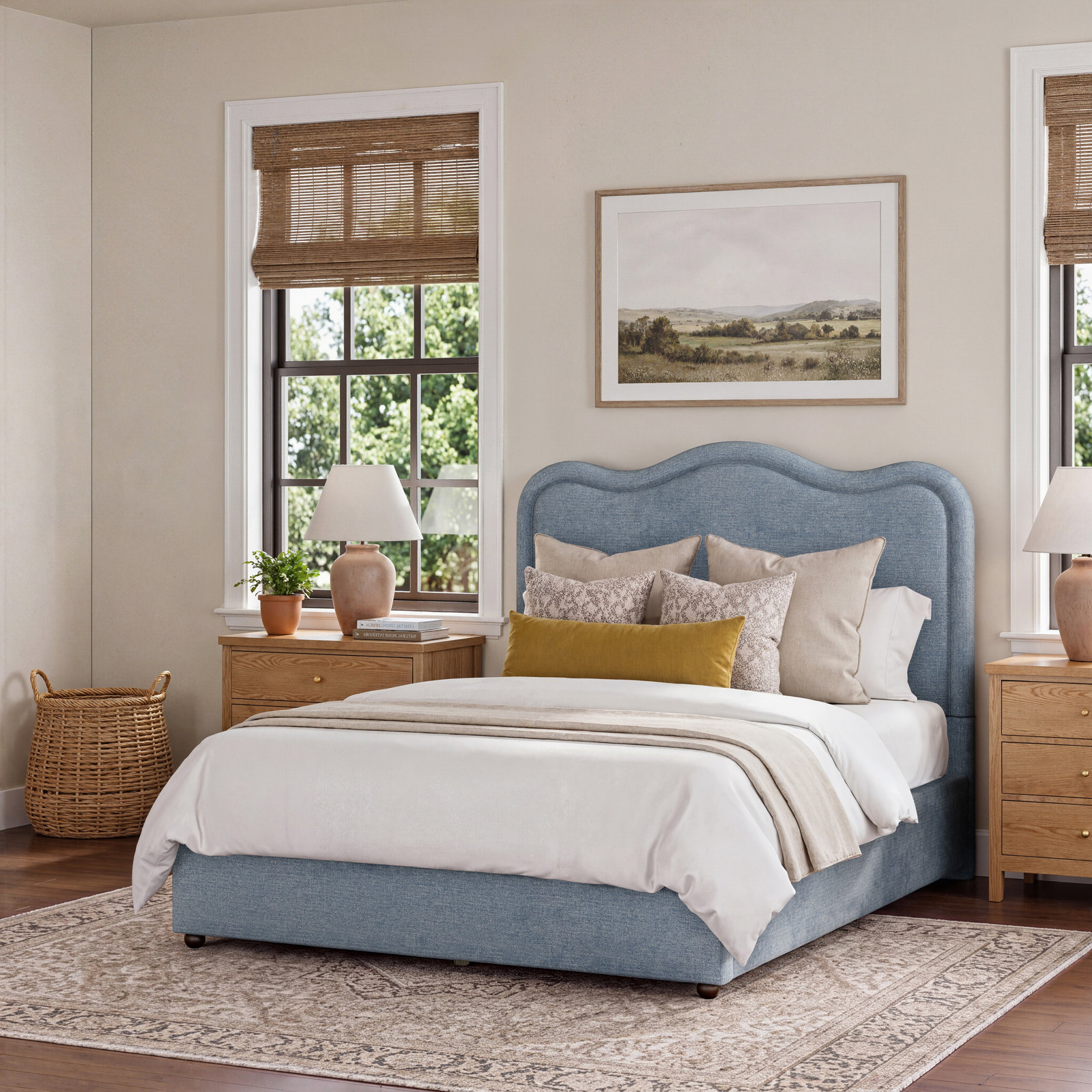 Azu Upholstered Scallop King Platform Bed, Cream, Queen, Blue