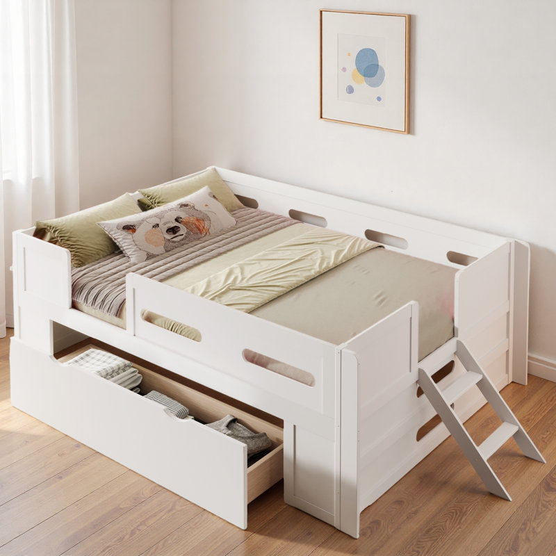 Lit plateforme en bois avec garde-corps et tiroir, Lit double, Blanc