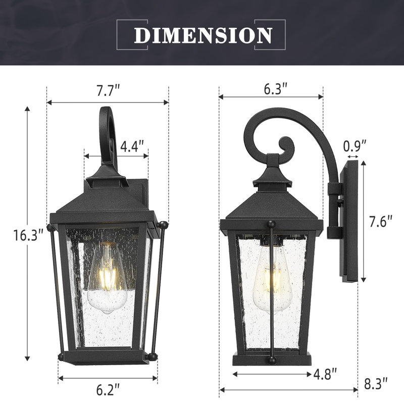 16 Inch Large Outdoor Wall Light (Set Of 2) Die-Cast Aluminum In Black Finish Seeded Glass