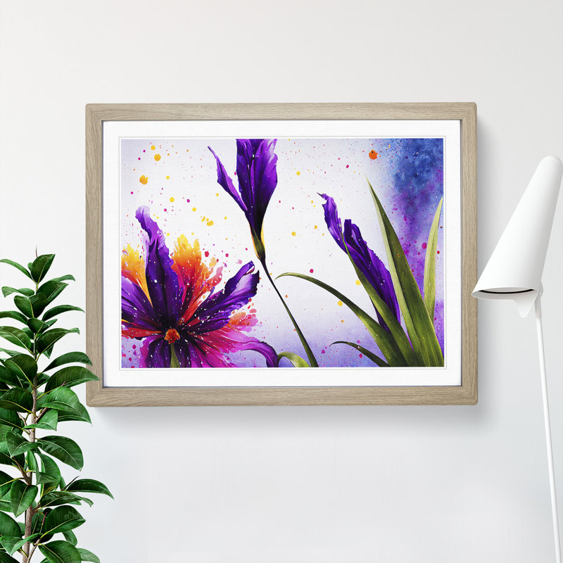 Iris Flower Splash - Single Picture Frame Print, 25cm H x 34cm W x 2cm D, Oak