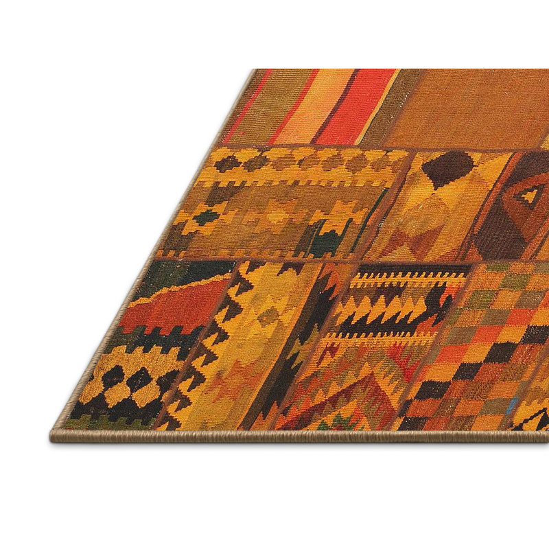 Tapis de zone jaune/rouge contemporaine, Rectangle 8 pi x 10 pi
