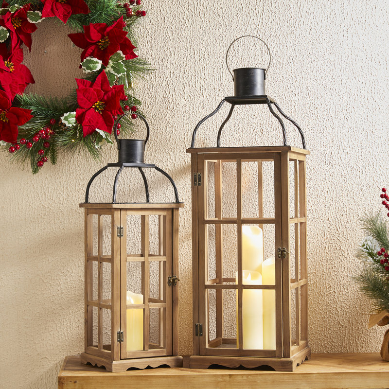 Wood and Metal Tabletop Lantern, Natural, 35.50"H