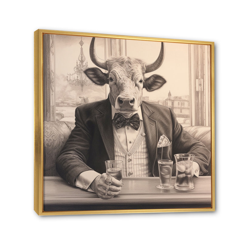" Cow Having A Drink III ", Gold Floater Framed, 30" H x 30" W x 1" D