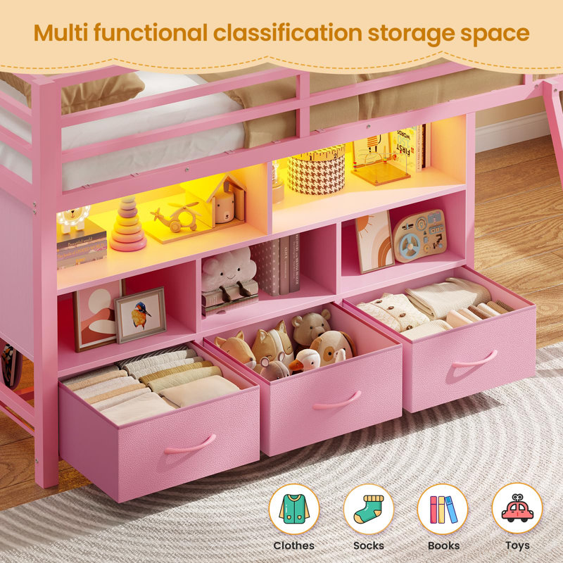 Twin Size Loft Bed With Led Lights,3 Storage Drawers, 3-Tier Kids Bookshelf, 5 Open Cubbies & Stairs, Low Metal Loft Bed Twin With 13.4In Guardrail, Space Saving
