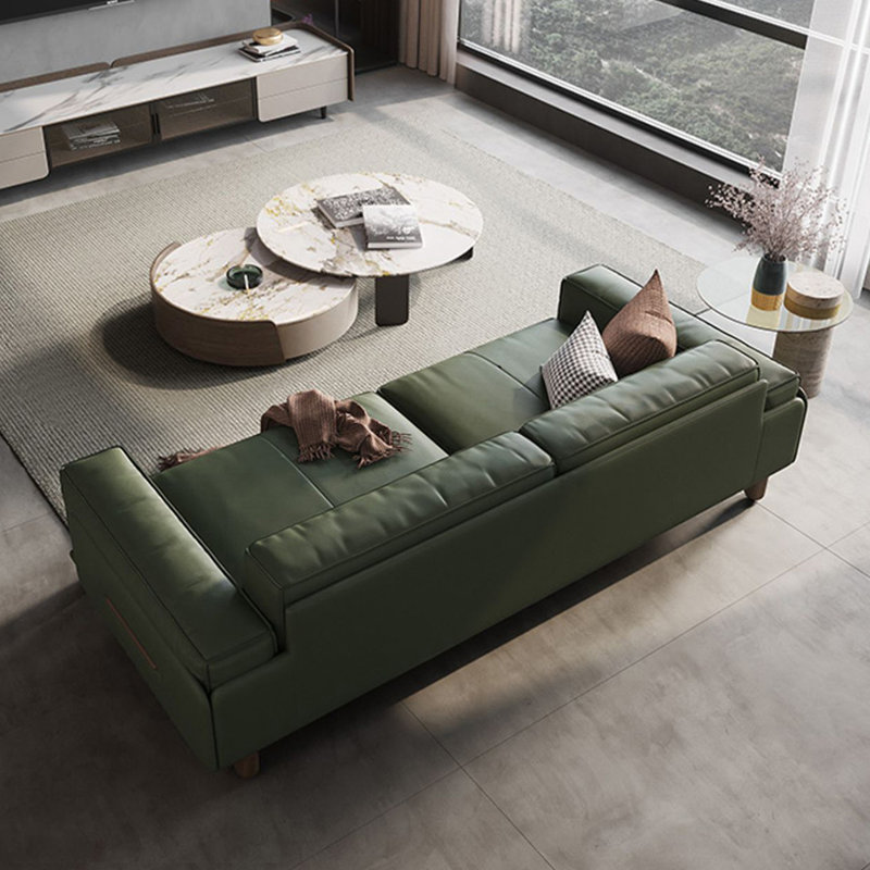 Mid century modern sofa,Genuine Leather sofa with Solid Wood,Loveseat Green couch, 29.53" H x 78.35" W x 37.4" D, Green