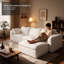 Canapé 3 places en lin blanc avec pouf, ensemble de canapé moderne rembourré