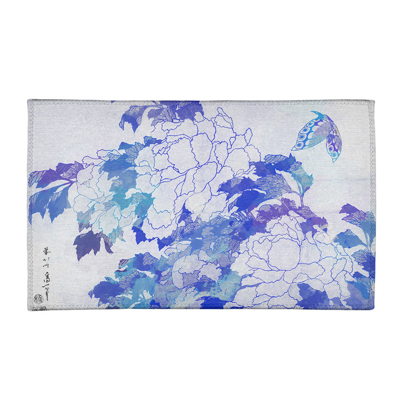 Tapis blanc/bleu de pivoines et papillon, Rectangle 3 pi x 5 pi