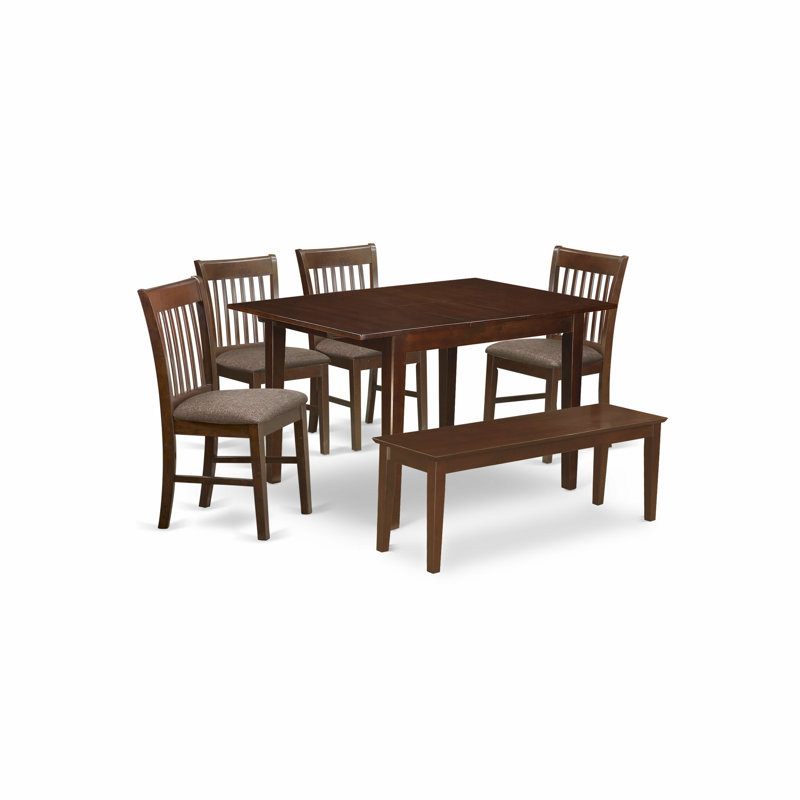 L'ensemble de table de salle à manger 6 pièces contient une table de cuisine rectangulaire avec feuille papillon et 4 chaises de salle à manger en tissu de lin avec banc, acajou