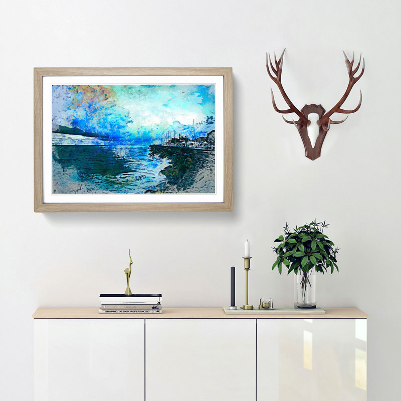 Boats Docked in the Harbour in Abstract - Picture Frame Painting Print, 48cm H x 65cm W x 2cm D, Oak Framed
