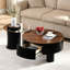 Salon, plastique noir, table basse gigogne ronde, tiroir de rangement, solution peu encombrante, concept de design moderne, matériaux, utilisation adaptable de 2, centre en plastique avec tiroir pour les petites pièces,