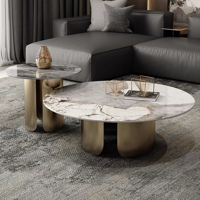 Ensemble de tables basses rondes White Stone, White / Bronze gold, 19.69" H x 39.37" W x 27.56" D