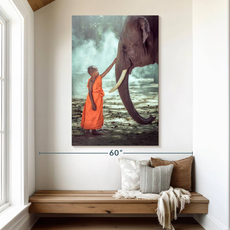 Brampt Young Monk And Elephant, 51" H x 34" W