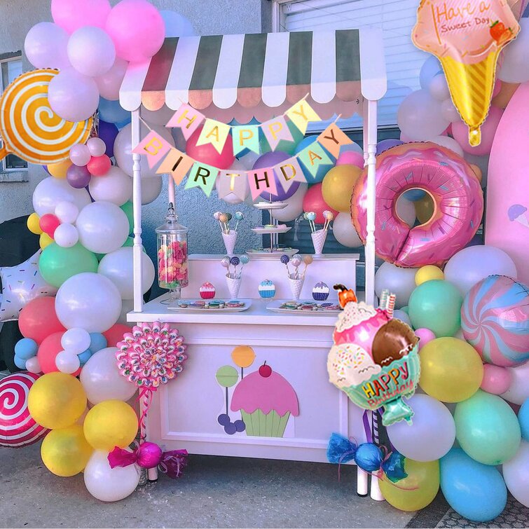Décorations de fête d'anniversaire de bonbons, approvisionnement de fête de  beignet avec rideau à franges en aluminium, bannière de joyeux