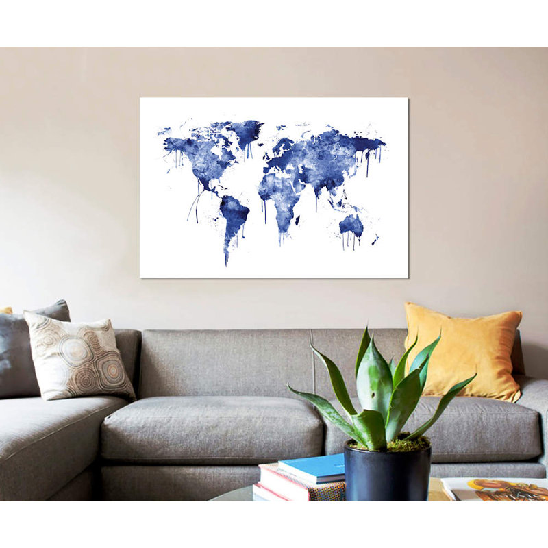 «Watercolor Map Of The World Map, Blue» par Michael Tompsett, impression sur toile, H 18 po x l 26 po x P 1,5 po