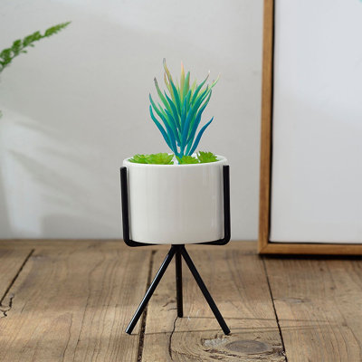 Abdulbaki Ceramic Cylindrical Free Standing Planter with Metal Stand