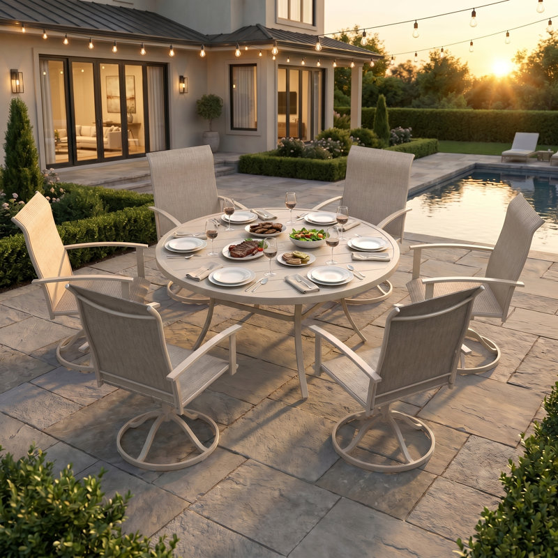 50" Round Patio Dining Set For 6-Person With Swivel Chairs, Beige, Cream