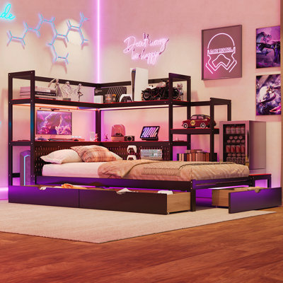 Gaming Daybed with Integrated Desk and LED Light, Modern Wooden Bed Frame with Storage and Charging Station