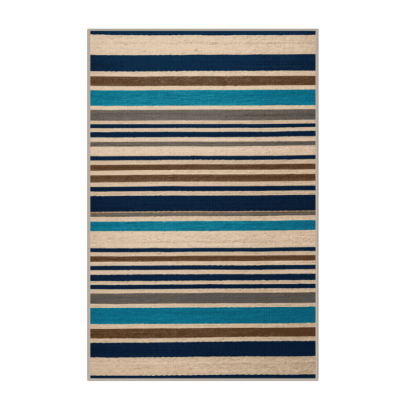 Washable Ocean Blue Sand Striped Area Rug, Rectangle 5' x 8'