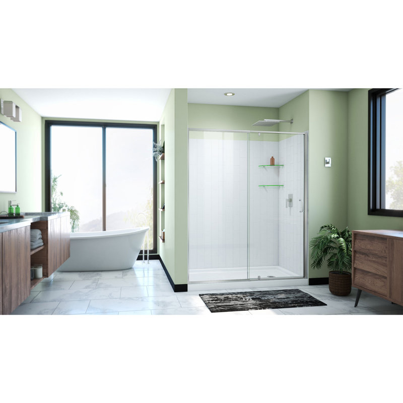 Enceinte de baignoire carrée semi-sans cadre l 60 po x P 30 po x H 78 po Flex avec panneau fixe et base inclus, Nickel brossé