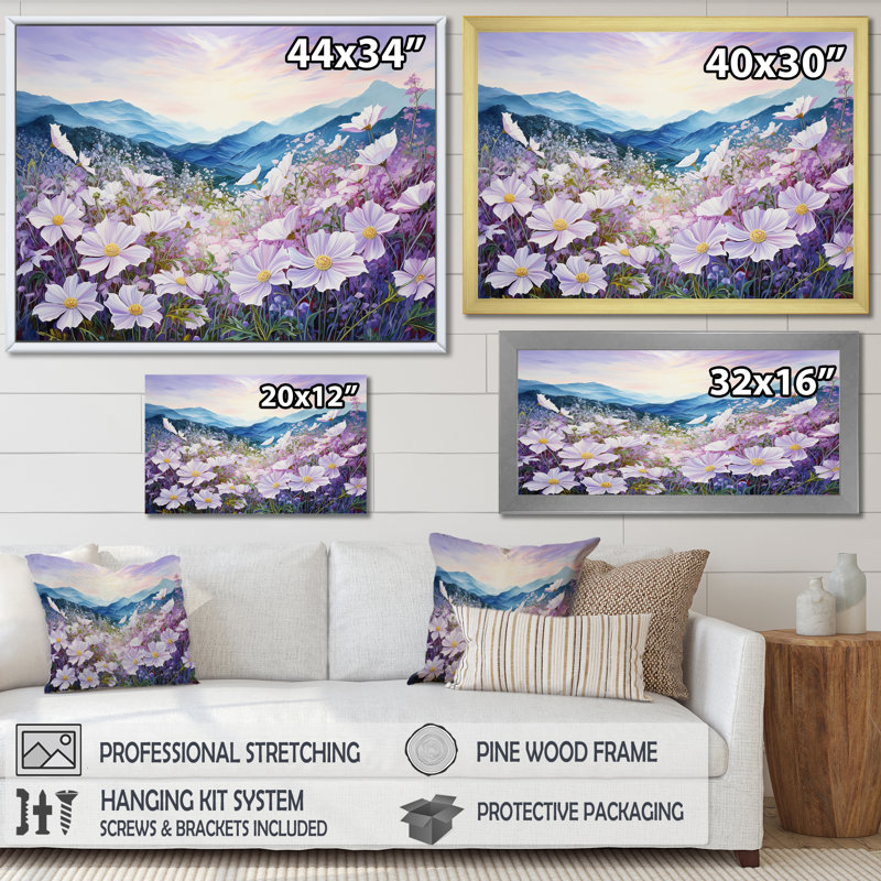 Fleurs mauves Morning Glory Hill III, Cadre simple argenté, H 30 po x l 40 po x P 1,5 po