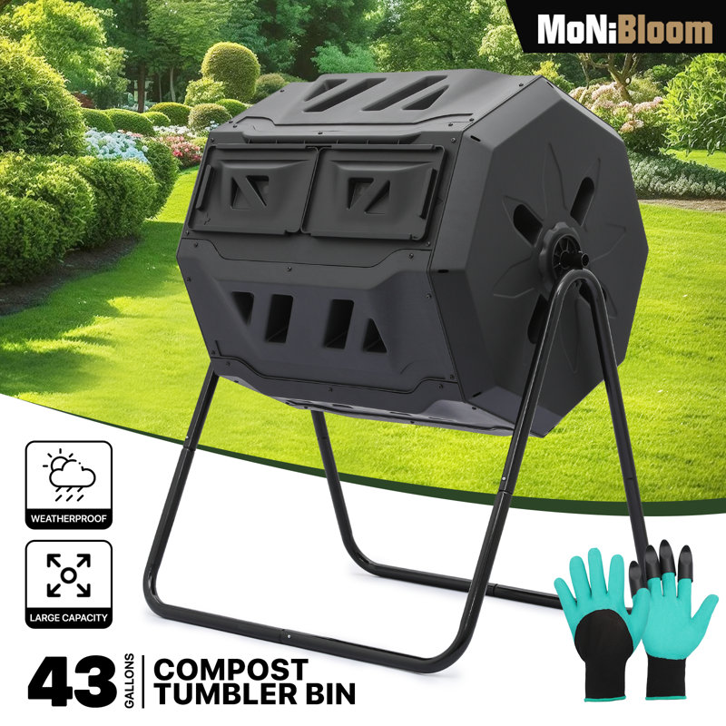 43 Gallon Black Dual Chamber Rotating Compost Tumbler with Gloves