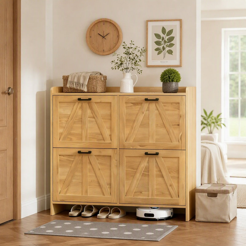 Meuble en chêne clair, 4 tiroirs à charnières, rangement gain de place, entrée, salon